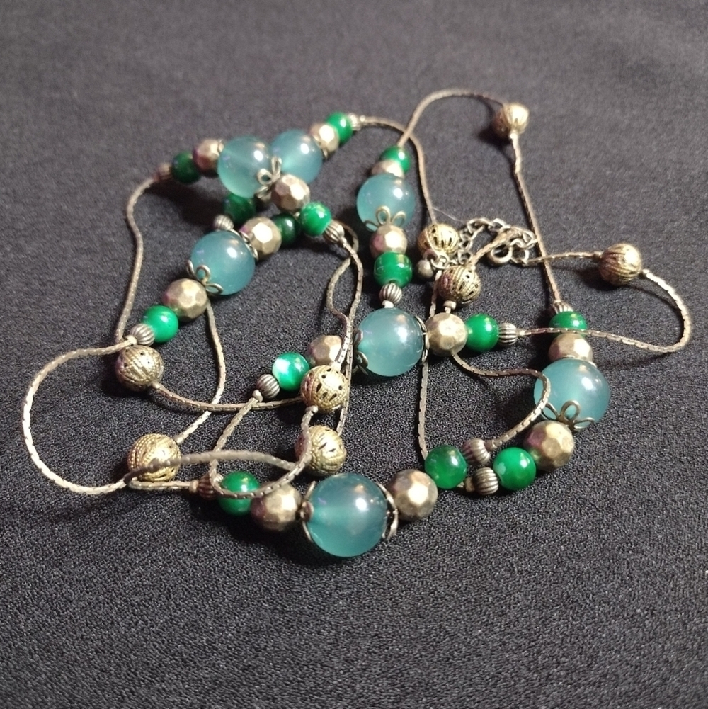 Vintage Green And Golden Long Beaded Necklace